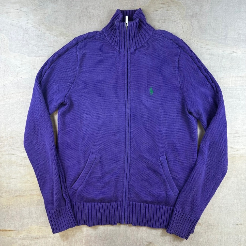 Ralph Lauren Sport Purple Full Zip Cotton Sweater Womens Large Mock Neck